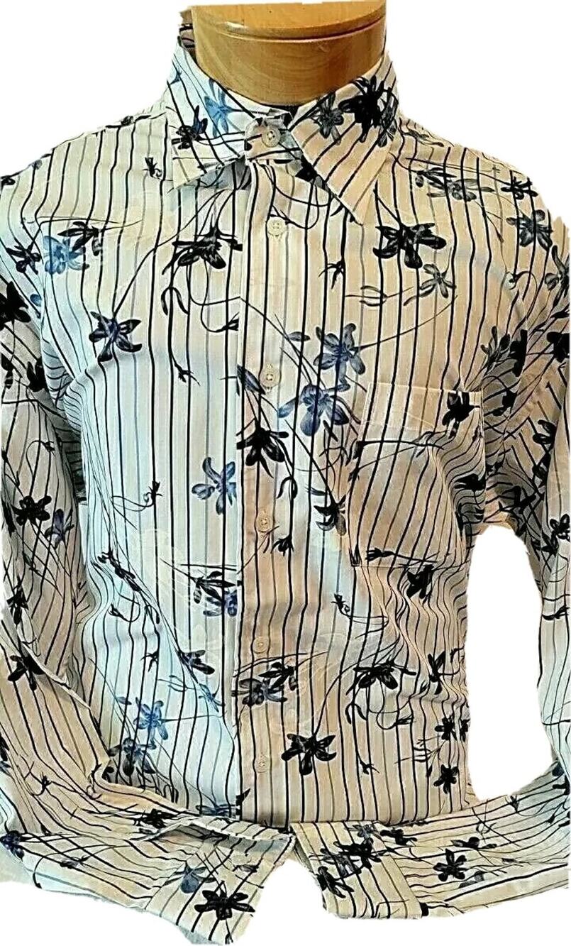 Alex Cannon Mens Blue And White Striped Floral Button Down Dress Shirt XL
